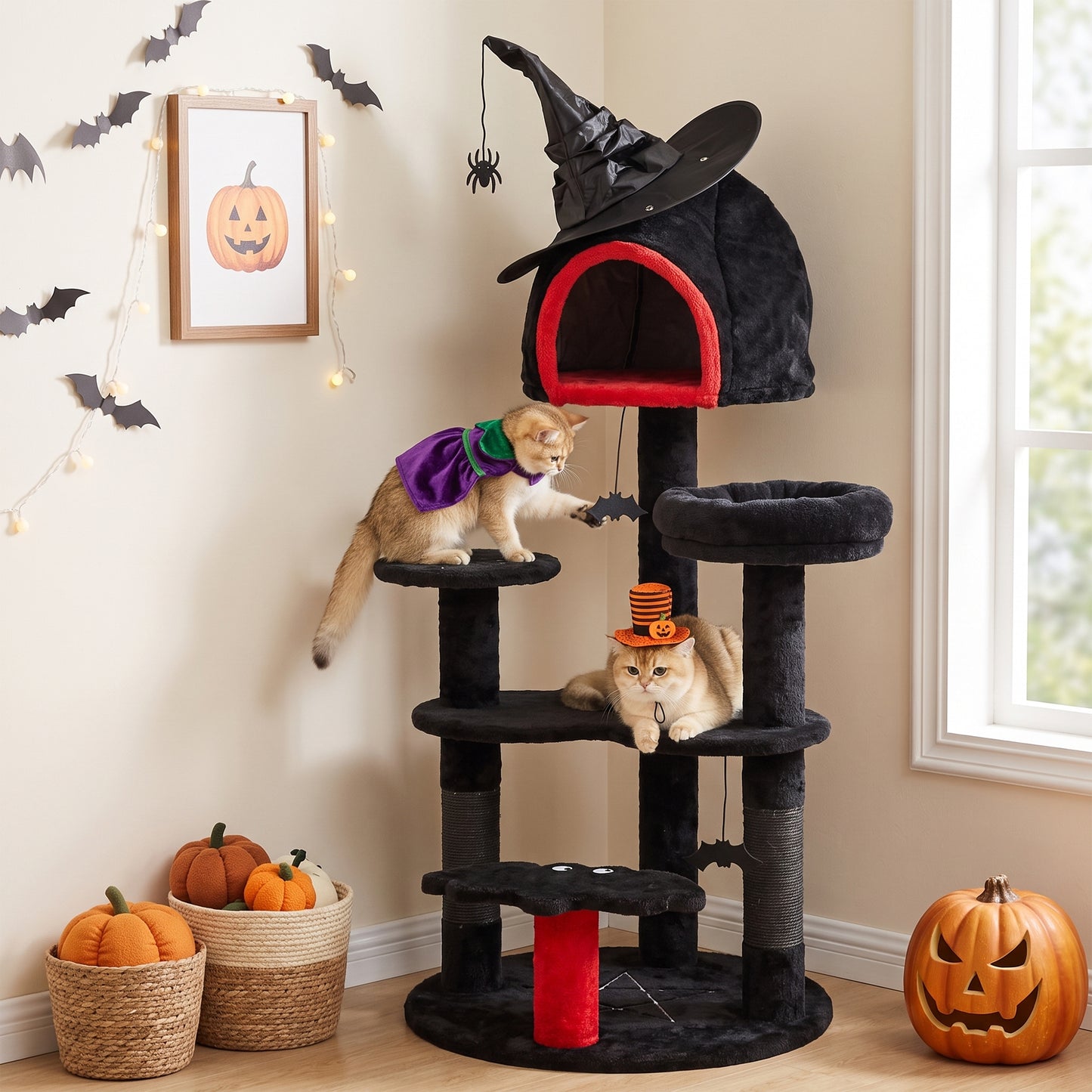Gothic Cat Tree, 155cm Cat Tower for Indoor Kittens, Multi-Level Stable Kitten Activity Centre, Black, Halloween