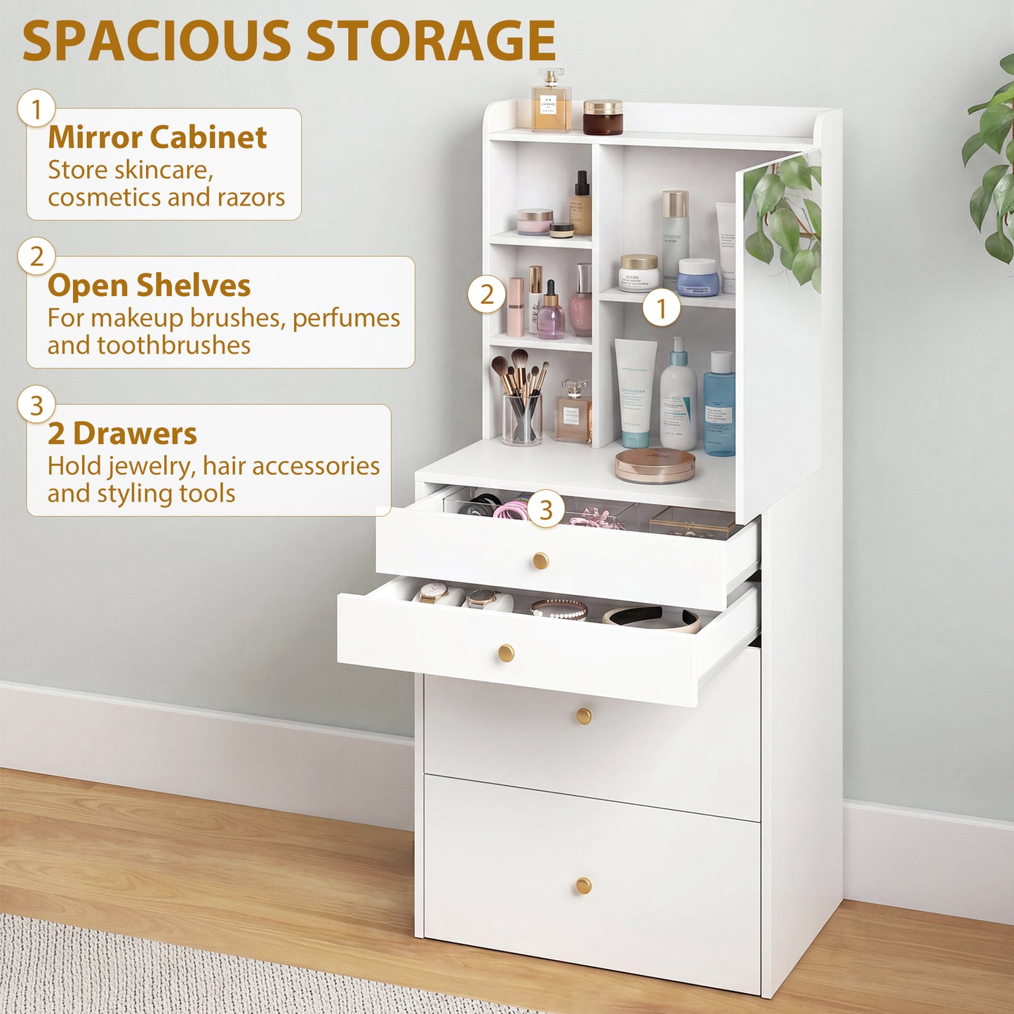 Dressing Table with Mirror and Mobile Storage Stool, Compact Vanity Table with Cabinet, Drawers, Open Shelves, White