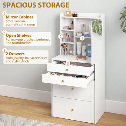 Dressing Table with Mirror and Mobile Storage Stool, Compact Vanity Table with Cabinet, Drawers, Open Shelves, White