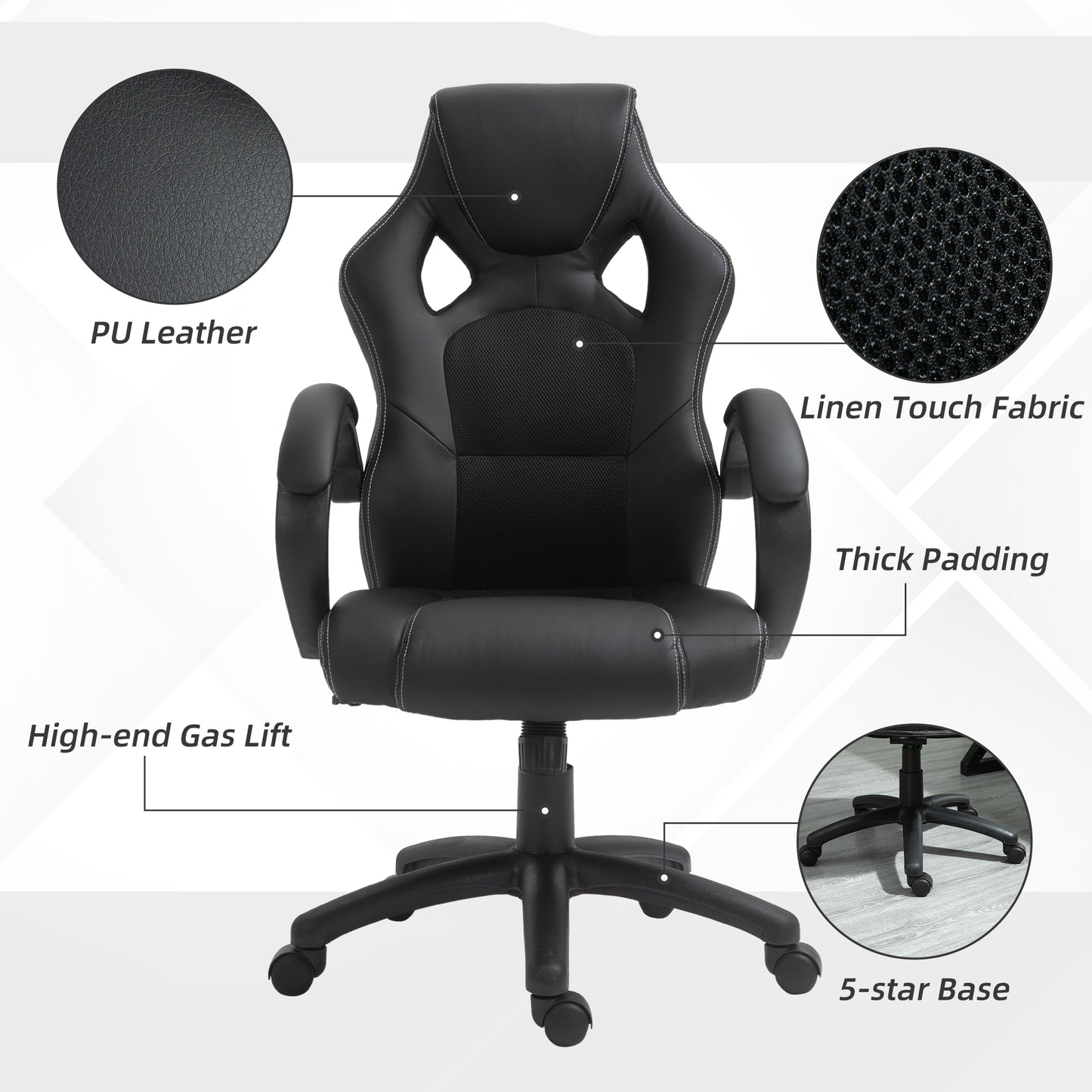 Office Chair Faux Leather Swivel Computer Desk Chair for Home Office with Wheels Armrests Black