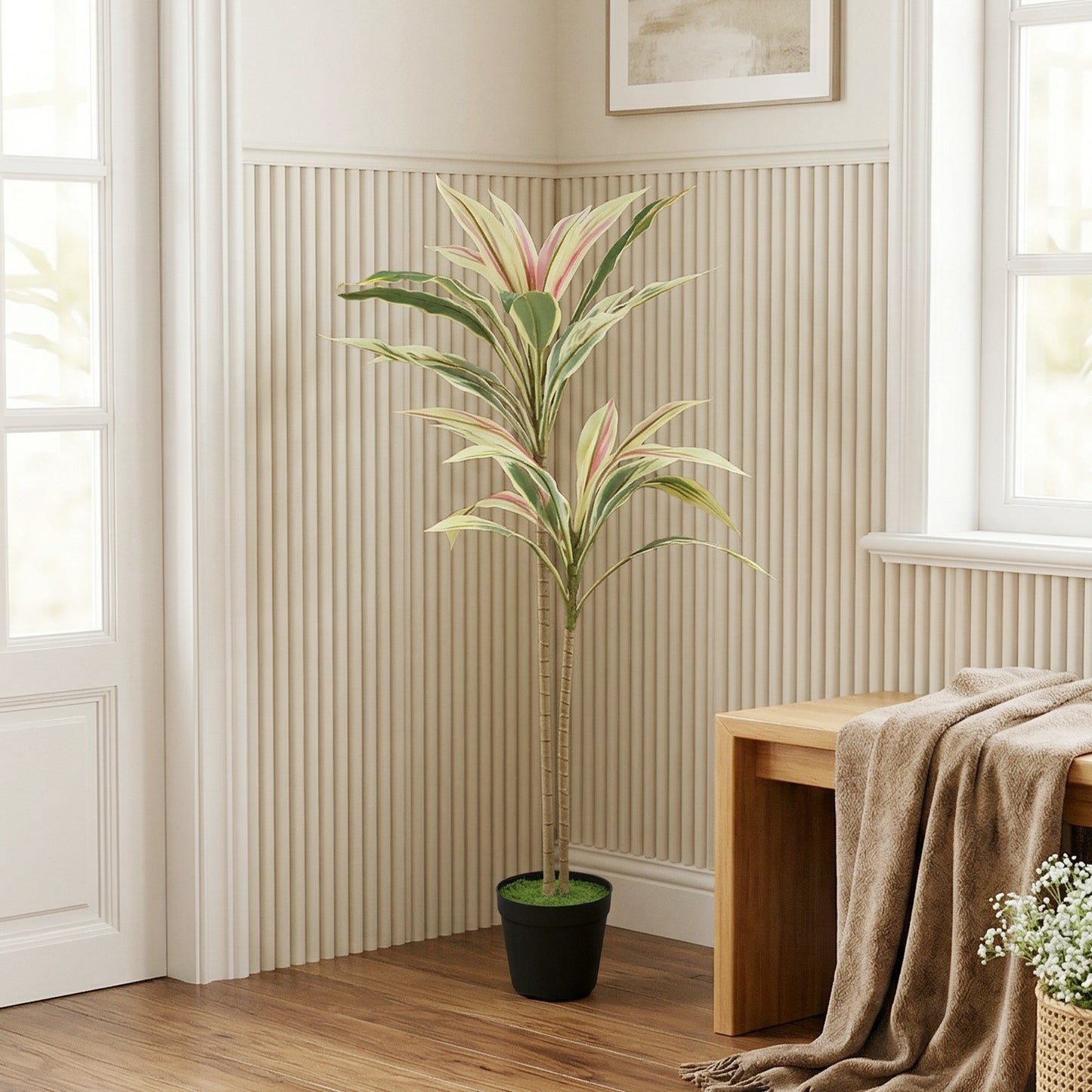 90 cm Artificial Cordyline Tree in Moss Effect Pot, Realistic PEVA Faux Plant, Yellow