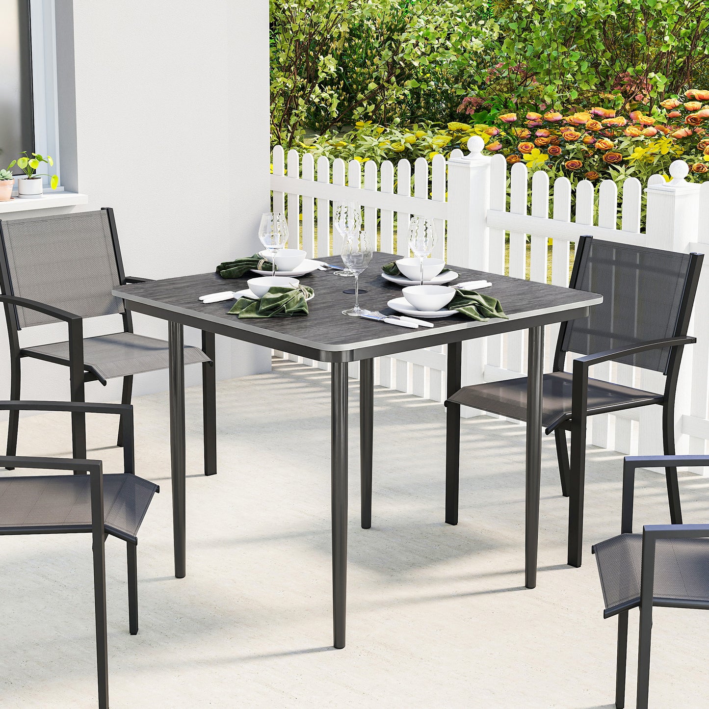 Garden Dining Table for 4, 85 cm Square Outdoor Table with Umbrella Hole, Faux Wood Top, Metal Legs, Dark Grey