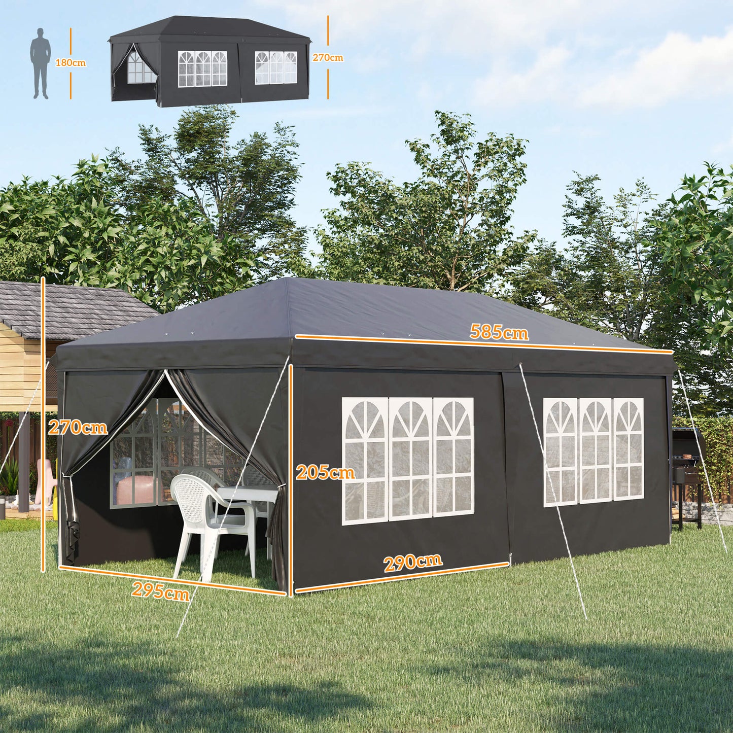 3 x 6 m Pop Up Gazebo with Sides and Windows, Height Adjustable Wedding Camping Party Tent Canopy Marquee with Storage Bag fo