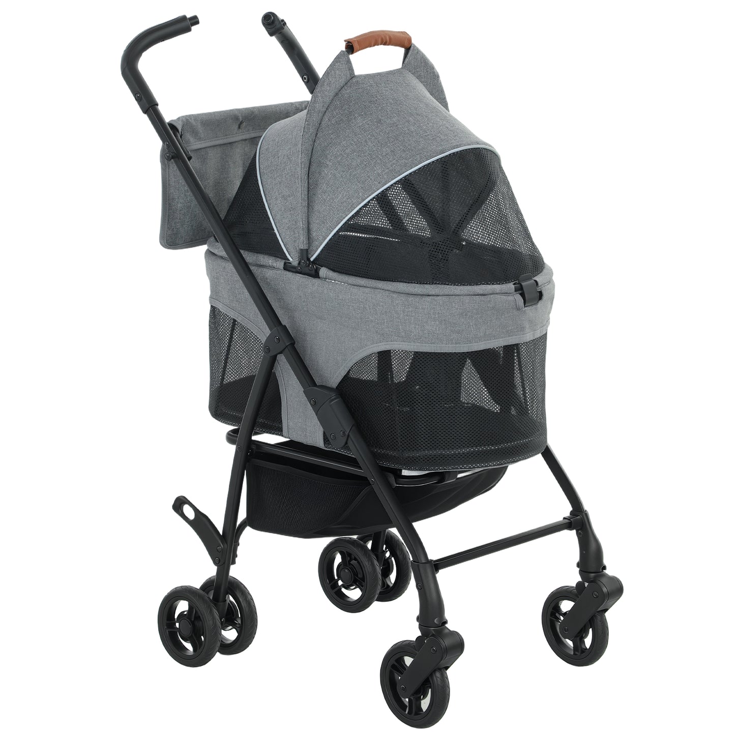 Pet Stroller, Foldable Dog Cat Stroller with Detachable Carrier, Wheels, Storage Basket, Secure Leash