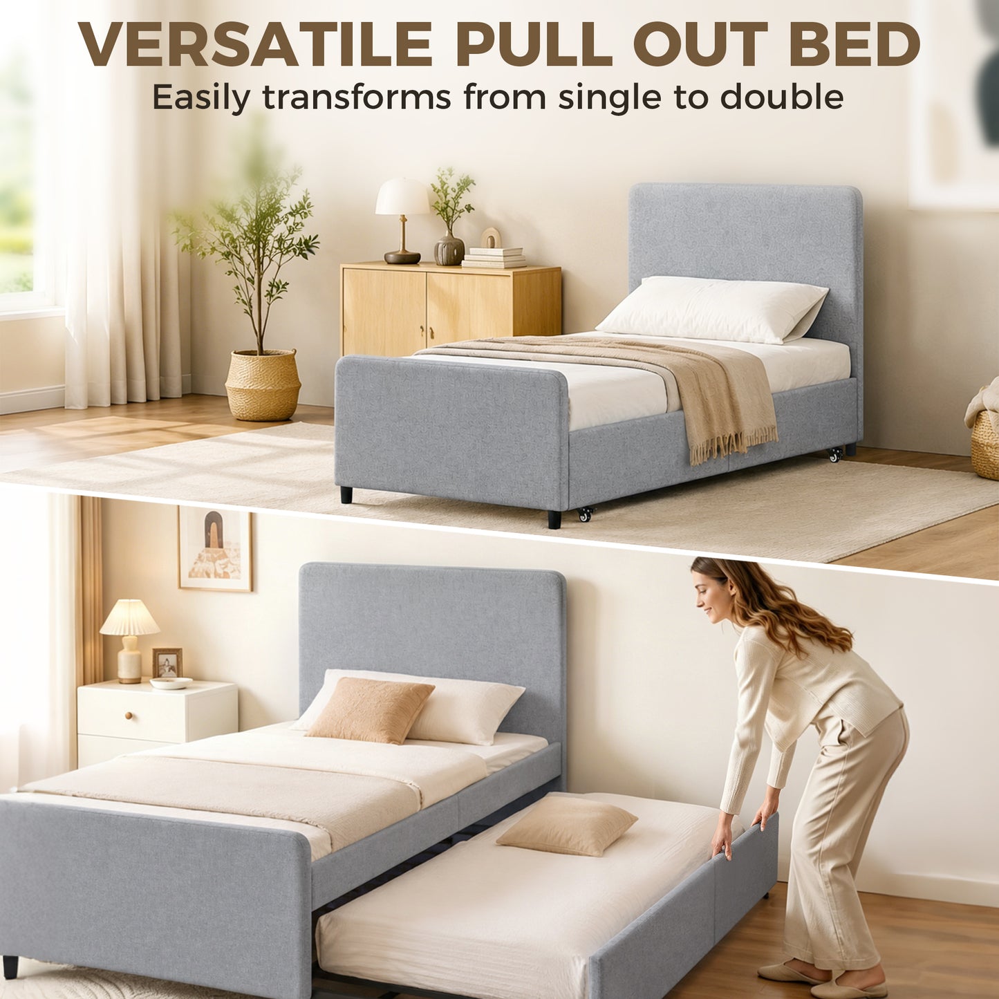3ft Single Bed Frame with Trundle, Upholstered Pull Out Trundle Bed with Headboard and Footboard, Light Grey