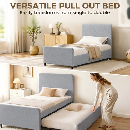 3ft Single Bed Frame with Trundle, Upholstered Pull Out Trundle Bed with Headboard and Footboard, Light Grey