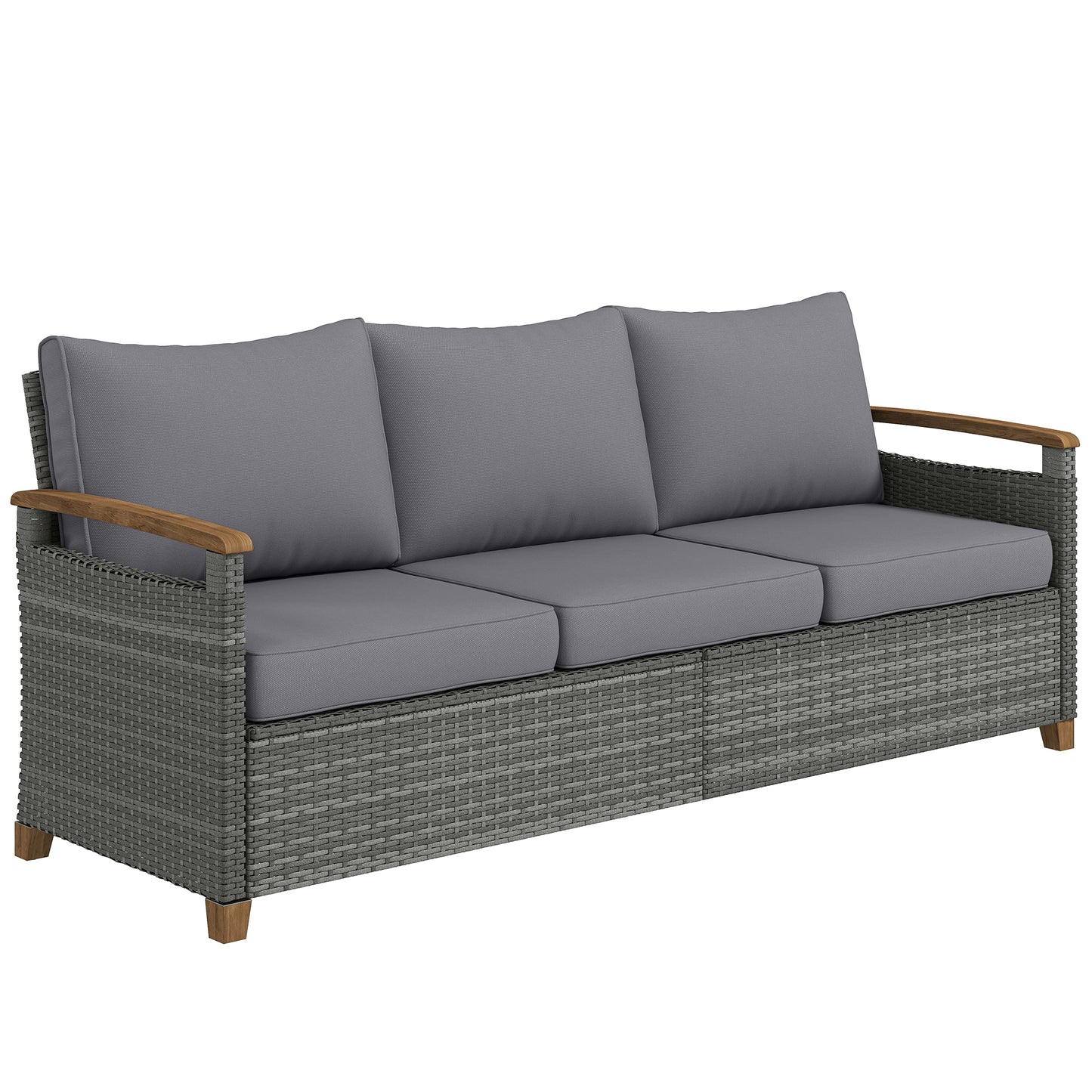 3 Seater Rattan Garden Sofa, PE Wicker Outdoor Sofa Wide Deep Seat, 4" Cushions, Wood-Effect Armrests Legs, Dark Grey