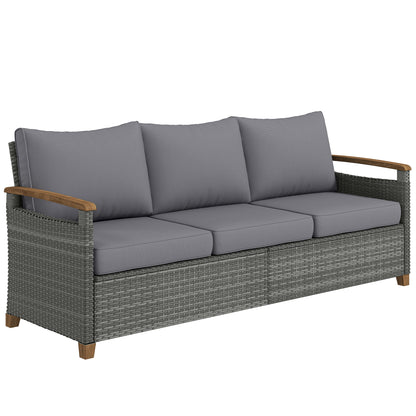 3 Seater Rattan Garden Sofa, PE Wicker Outdoor Sofa Wide Deep Seat, 4" Cushions, Wood-Effect Armrests Legs, Dark Grey