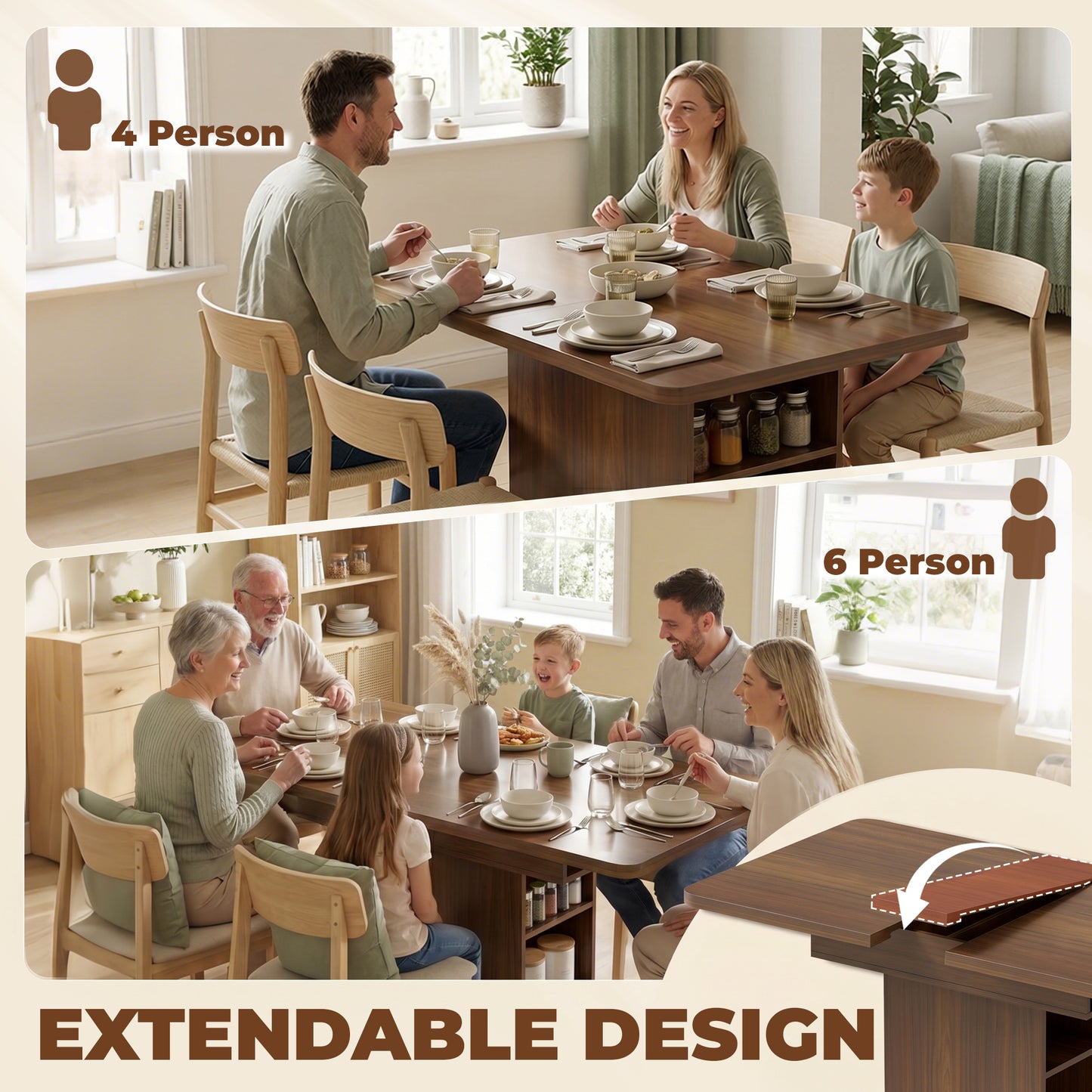 Extendable Dining Table for 4-6 People, 110-130cm Kitchen Table with 6 Open Shelves, Walnut Brown