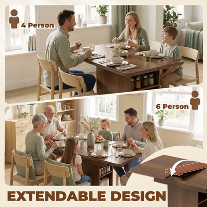 Extendable Dining Table for 4-6 People, 110-130cm Kitchen Table with 6 Open Shelves, Walnut Brown