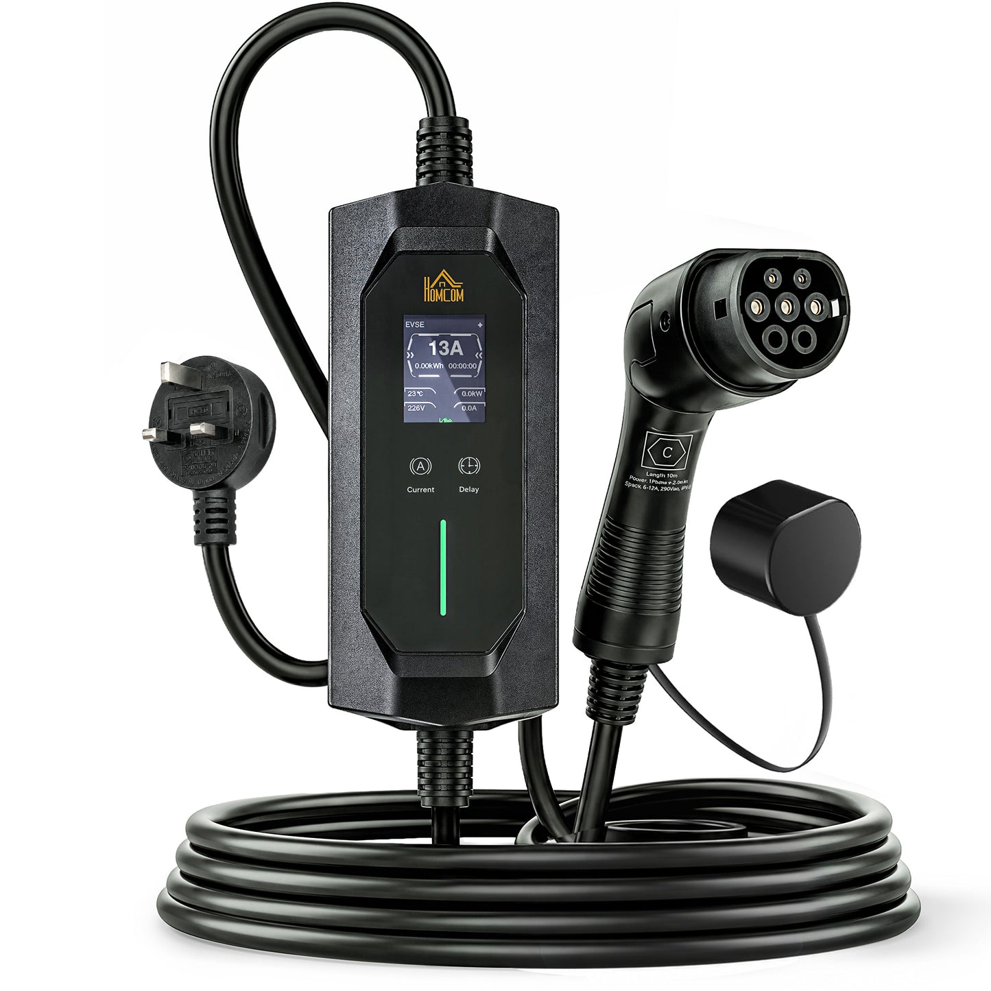 EV Charger Type 2 to 3 Pin Plug, 10 m, 2.8 kW, 6-13 A, Electric Car Charger Type 2 Charging Cable w/ 1-12 h Time Delay