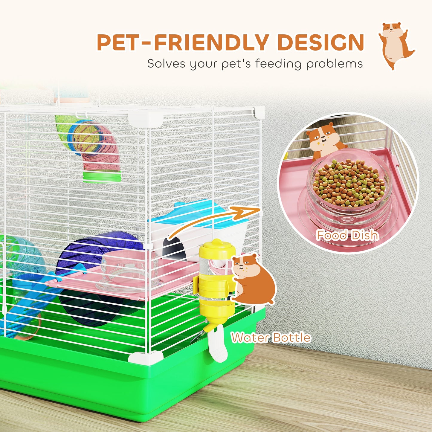 2 Tier Hamster Cage, Gerbil Cage with Handle, Exercise Wheels, Tunnel, Water Bottle, Dishes, Ladder, for Dwarf