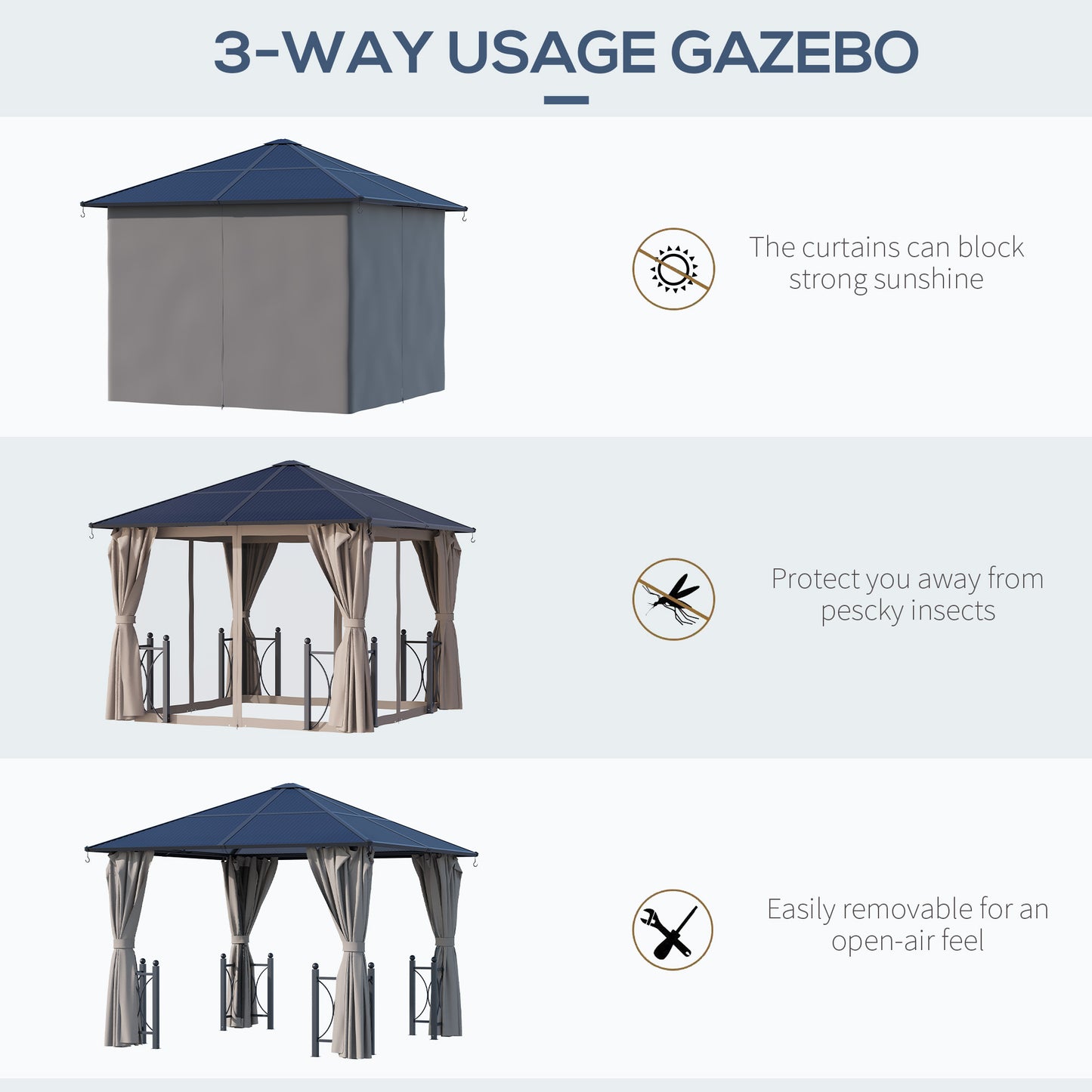 3 x 3(m) Hardtop Gazebo Canopy with Polycarbonate Roof, Alloy Aluminium Frame, Black