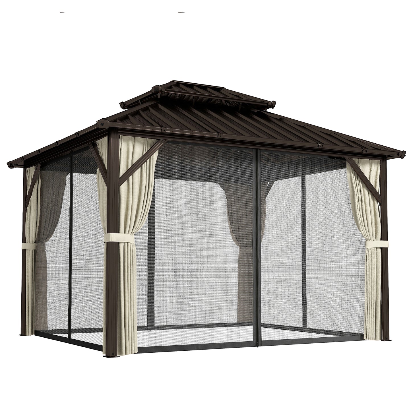 3x3.6 m Hardtop Gazebo Canopy with UPF50+ Double Galvanised Steel Roof, Aluminium Garden Gazebo Permanent Pavilion, Brown
