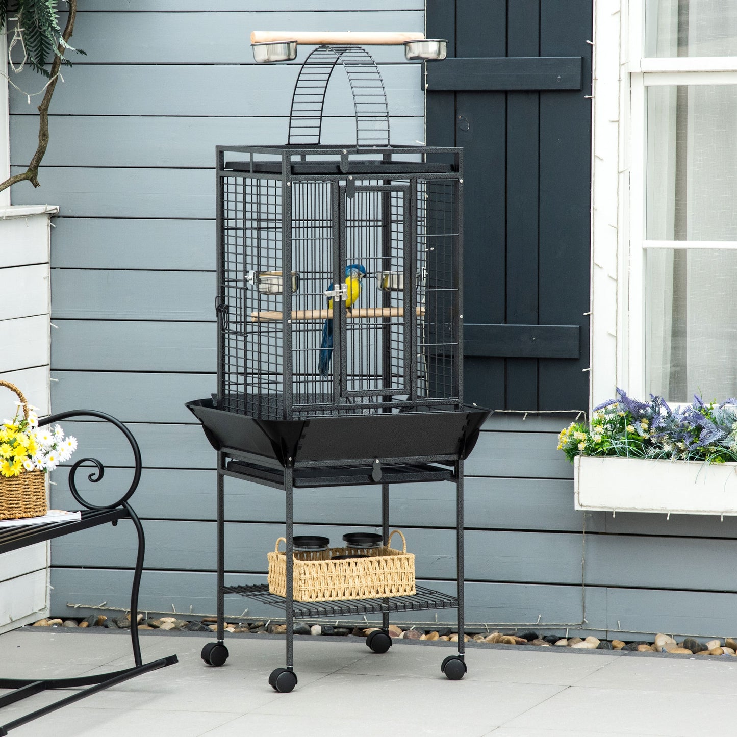 156cm Bird Cage,Large Parrot Cage with Open Play Top, Perch, Seed Guard, Wheels, Storage Shelf, Dark Grey