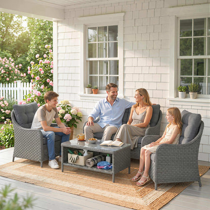 4-Piece Wicker Patio Furniture Set with 2 Armchairs, Loveseat, Glass Coffee Table, Conversation Sofa Set, Dark Grey