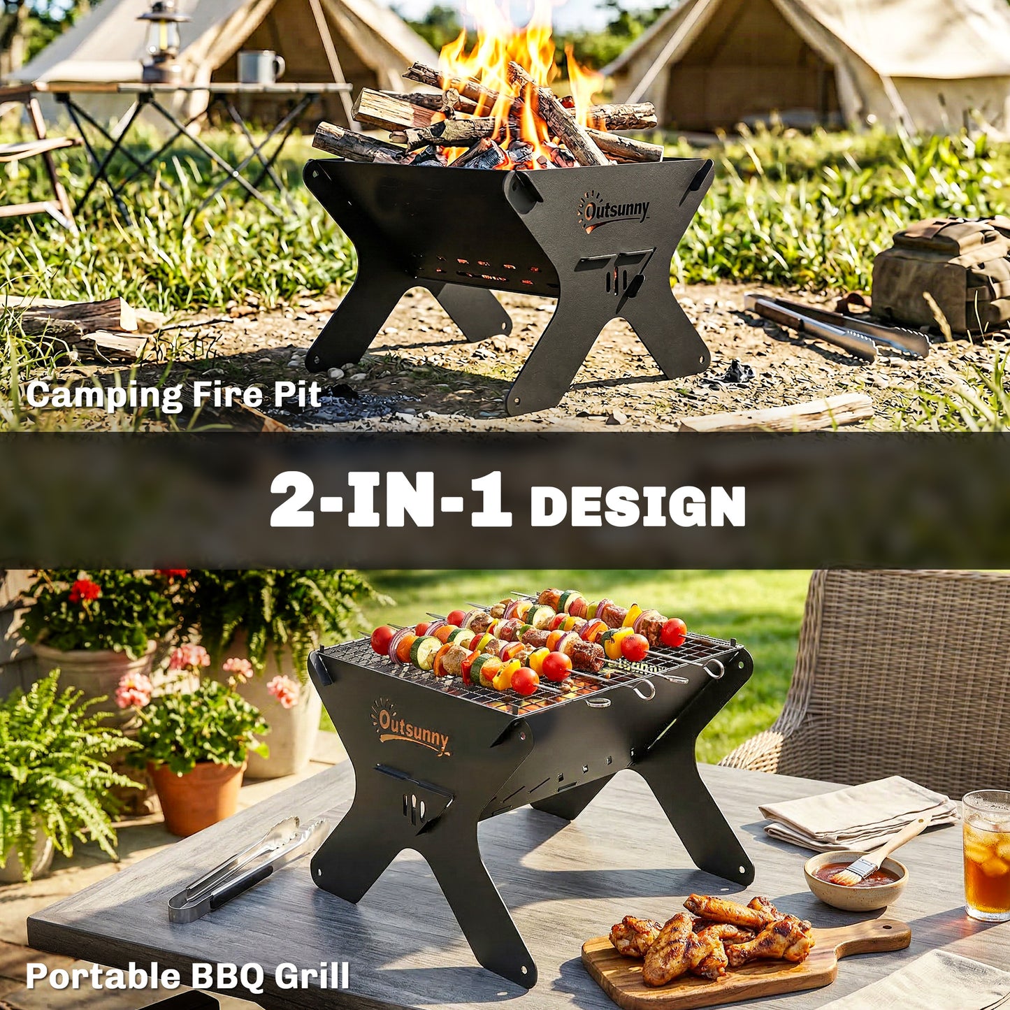 2-In-1 Portable BBQ Grill and Camping Fire Pit, Tabletop Charcoal Barbecue Grill with Gripper, Gloves and Carry Bag