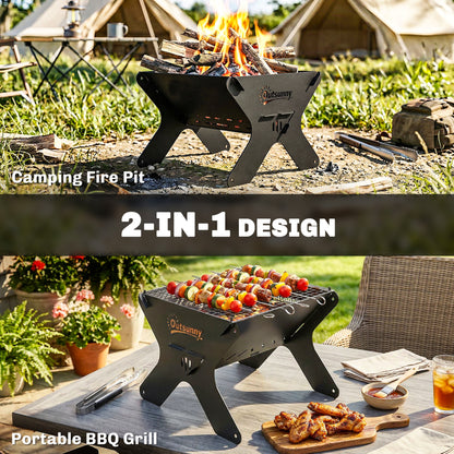 2-In-1 Portable BBQ Grill and Camping Fire Pit, Tabletop Charcoal Barbecue Grill with Gripper, Gloves and Carry Bag