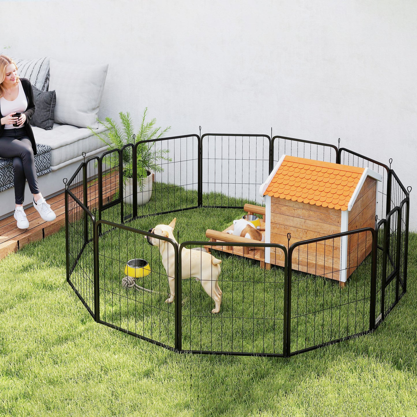 12-Panel Solid Dog Playpen with Doors, for Medium Dogs, 80cm High, Black