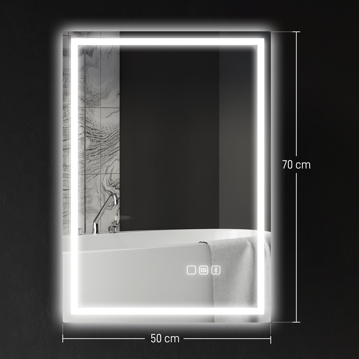 50 x 70 cm Anti-Fog LED Bathroom Mirror, with Bluetooth - Silver Tone