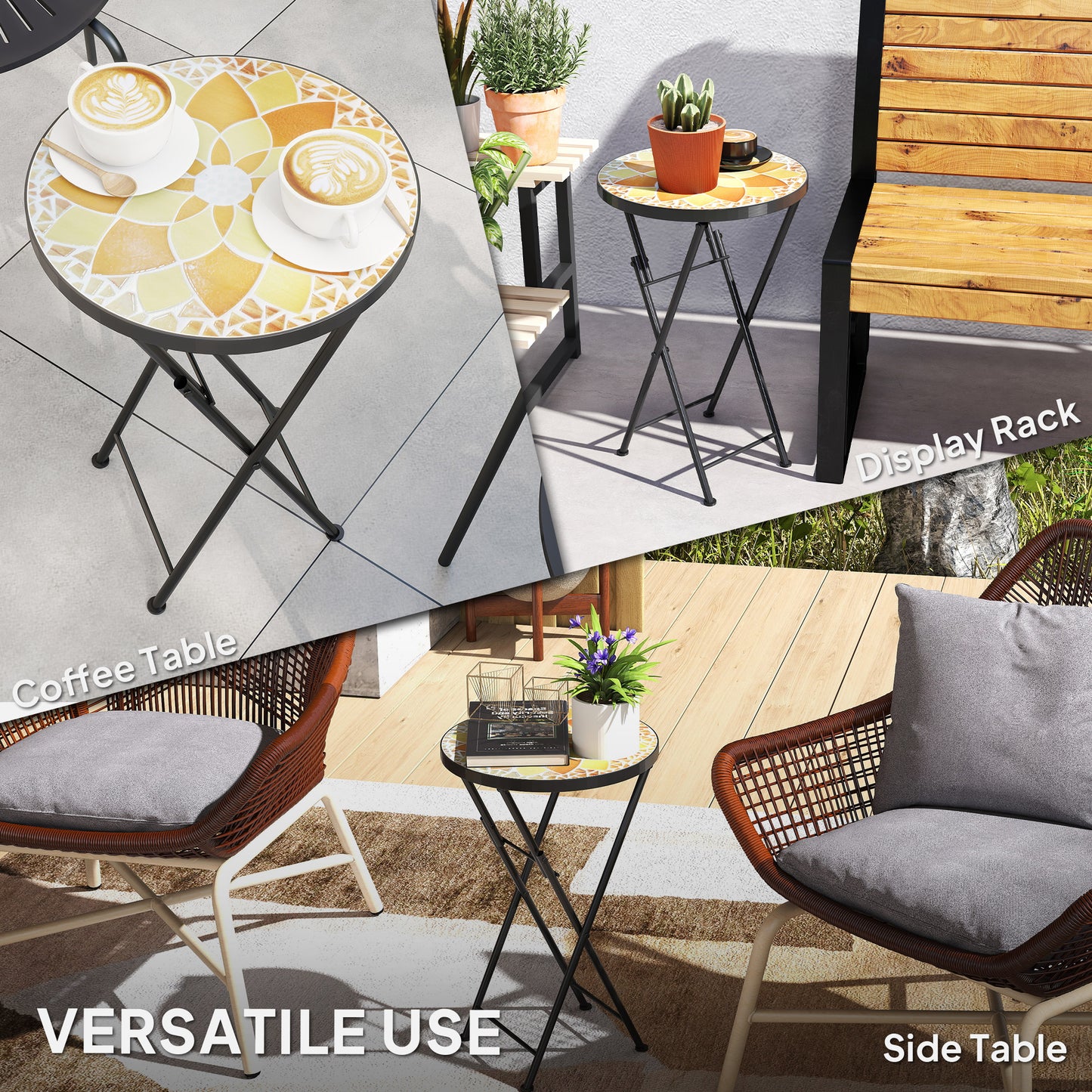 Mosaic Outdoor Garden Table, 35.5cm Round Folding Coffee Table with Metal Frame for Balcony Terrace, Yellow
