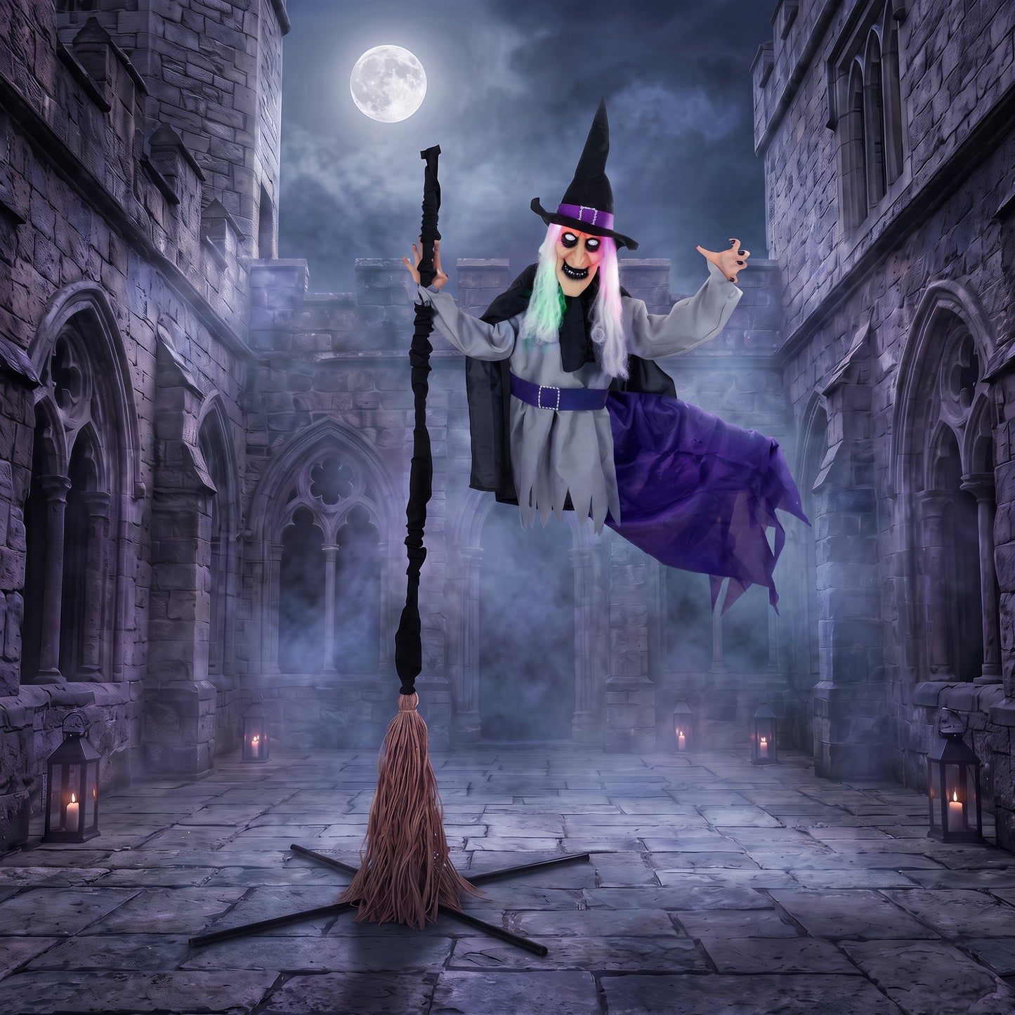 200cm Life Size Animated Flying Witch Halloween Decorations Outdoor Indoor, Scary Halloween Animatronics Decor