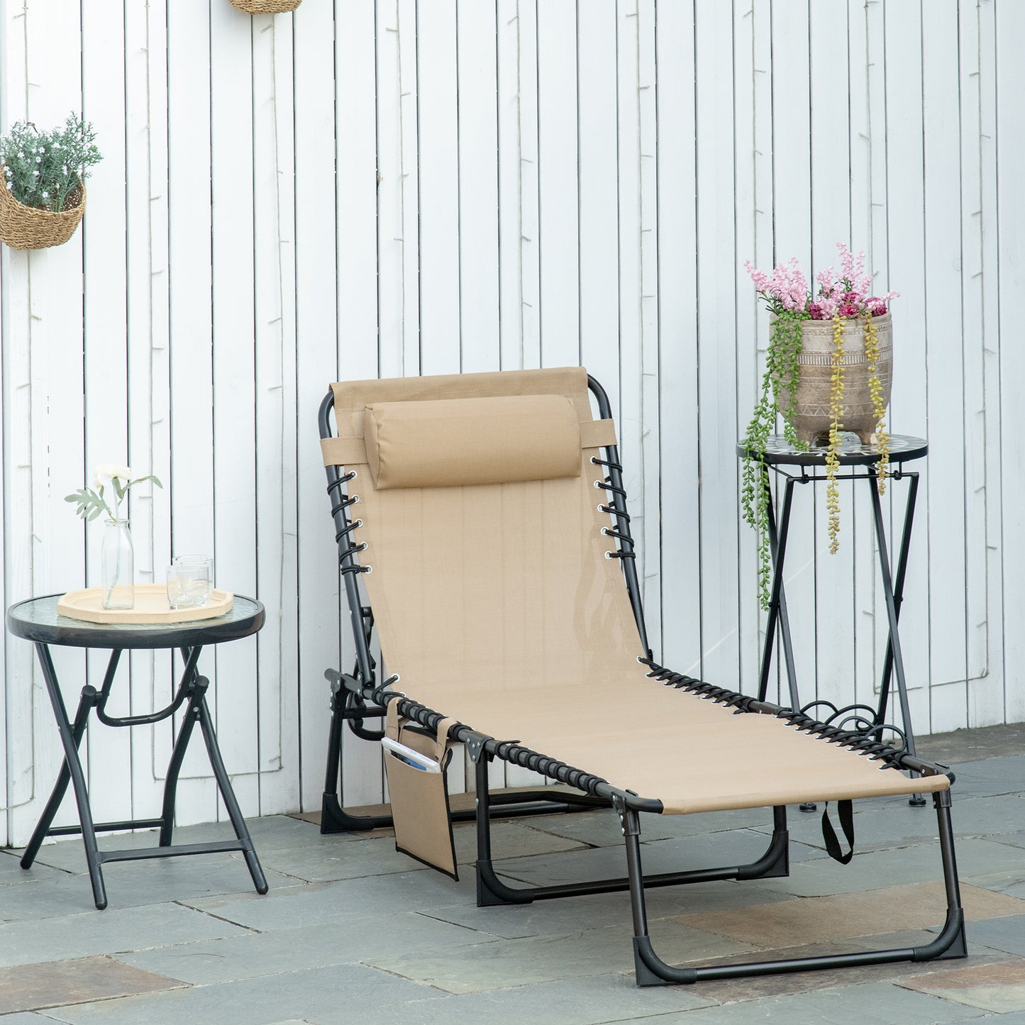Portable Sun Lounger, Folding Camping Bed Cot, Reclining Lounge Chair 5-position Adjustable Backrest with Side Pocket