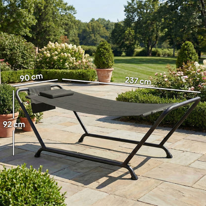 Outdoor Hammock with Stand, Freestanding Hammock with Side Pocket, Headrest for Patio, Balcony, Porch, Dark Grey