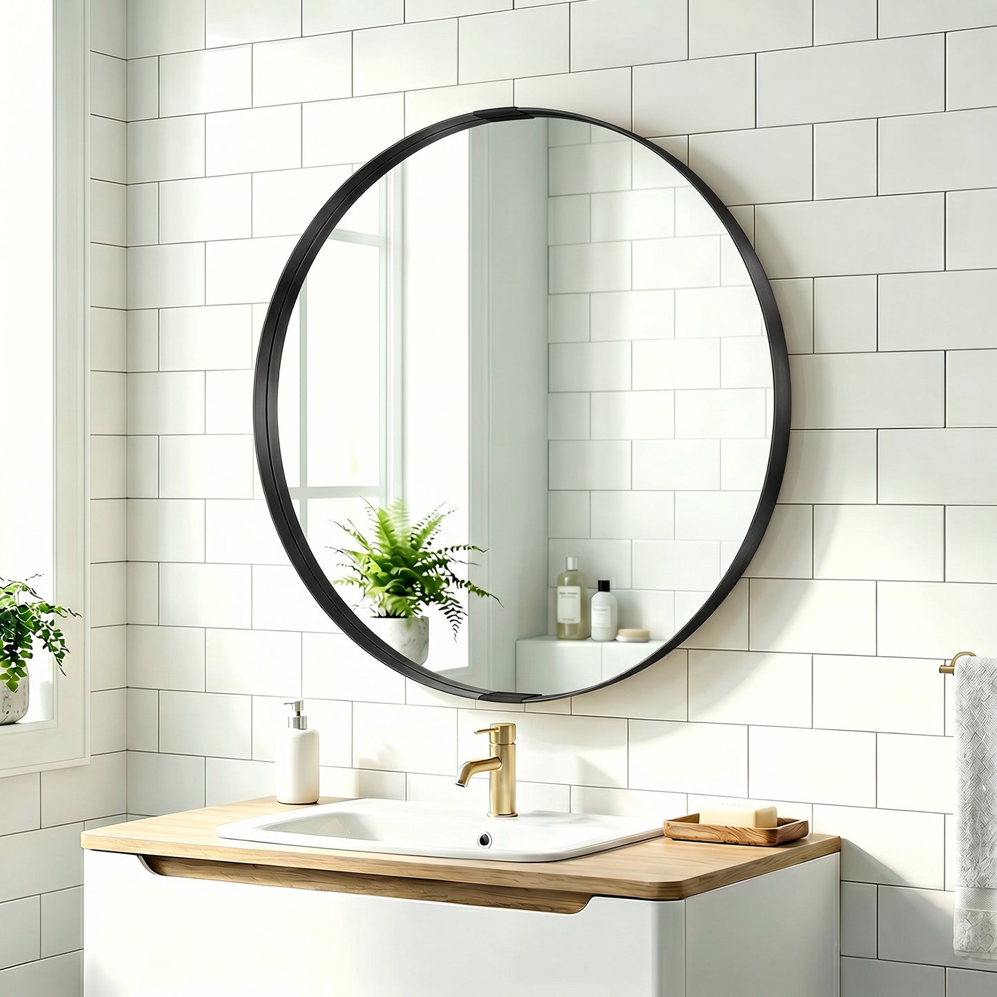 Round Wall Mirror 61 cm, Wall Mounted Bathroom Mirror with Tempered Safety Glass and Aluminium Alloy Frame, Black
