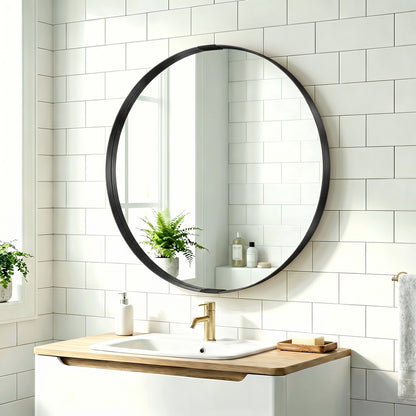 Round Wall Mirror 61 cm, Wall Mounted Bathroom Mirror with Tempered Safety Glass and Aluminium Alloy Frame, Black