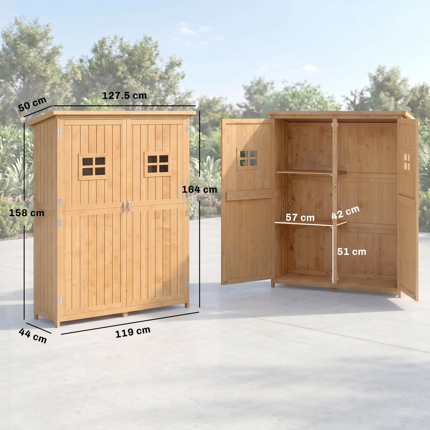 Wooden Garden Shed with Two Windows, Tool Storage Cabinet, Outdoor Double Door Organizer 127.5L x 50W x 164H cm, Natural