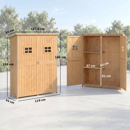 Wooden Garden Shed with Two Windows, Tool Storage Cabinet, Outdoor Double Door Organizer 127.5L x 50W x 164H cm, Natural