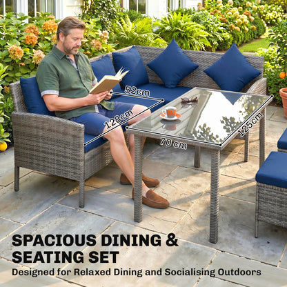 5 Pieces Rattan Garden Furniture Set with Dining Table, Cushions - Dark Blue