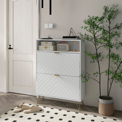12 Shoe Storage Cabinet with Chevron Indents and Gold Tone Accents - White