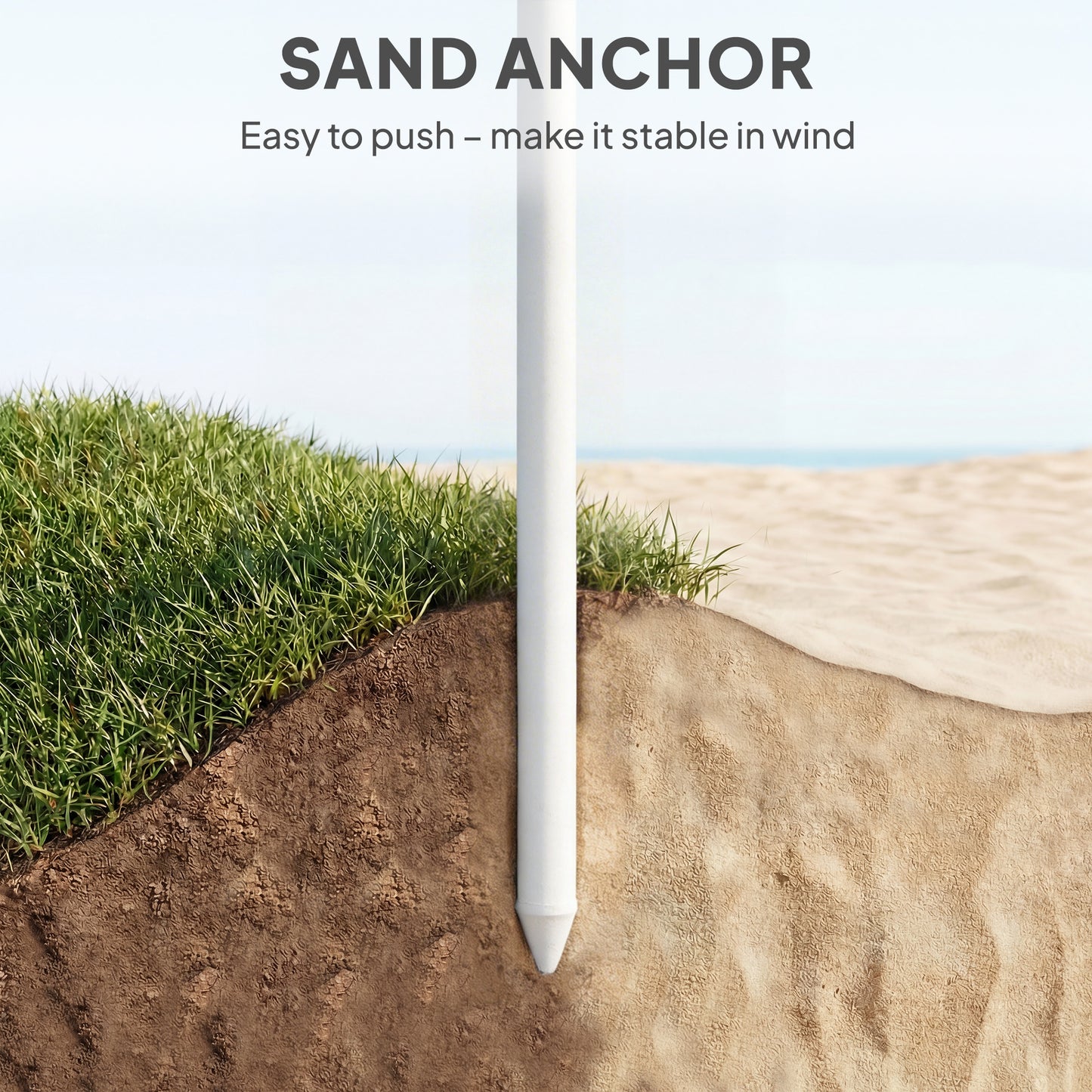 1.8 m Beach Umbrella Parasol with Sand Anchor, Portable Tilting Garden Parasol with Adjustable Height, Light Grey