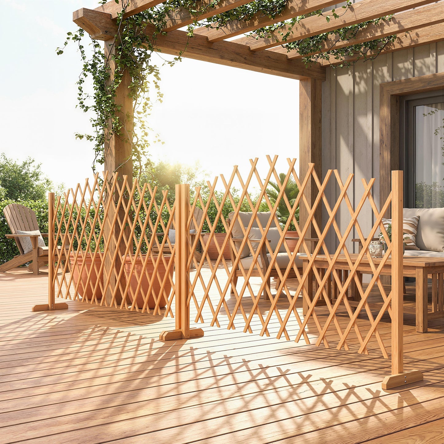 2 Pack Expanding Fence Panels, Wooden Freestanding Garden Fence with Stable Feet, 180 x 30 x 103cm, Brown