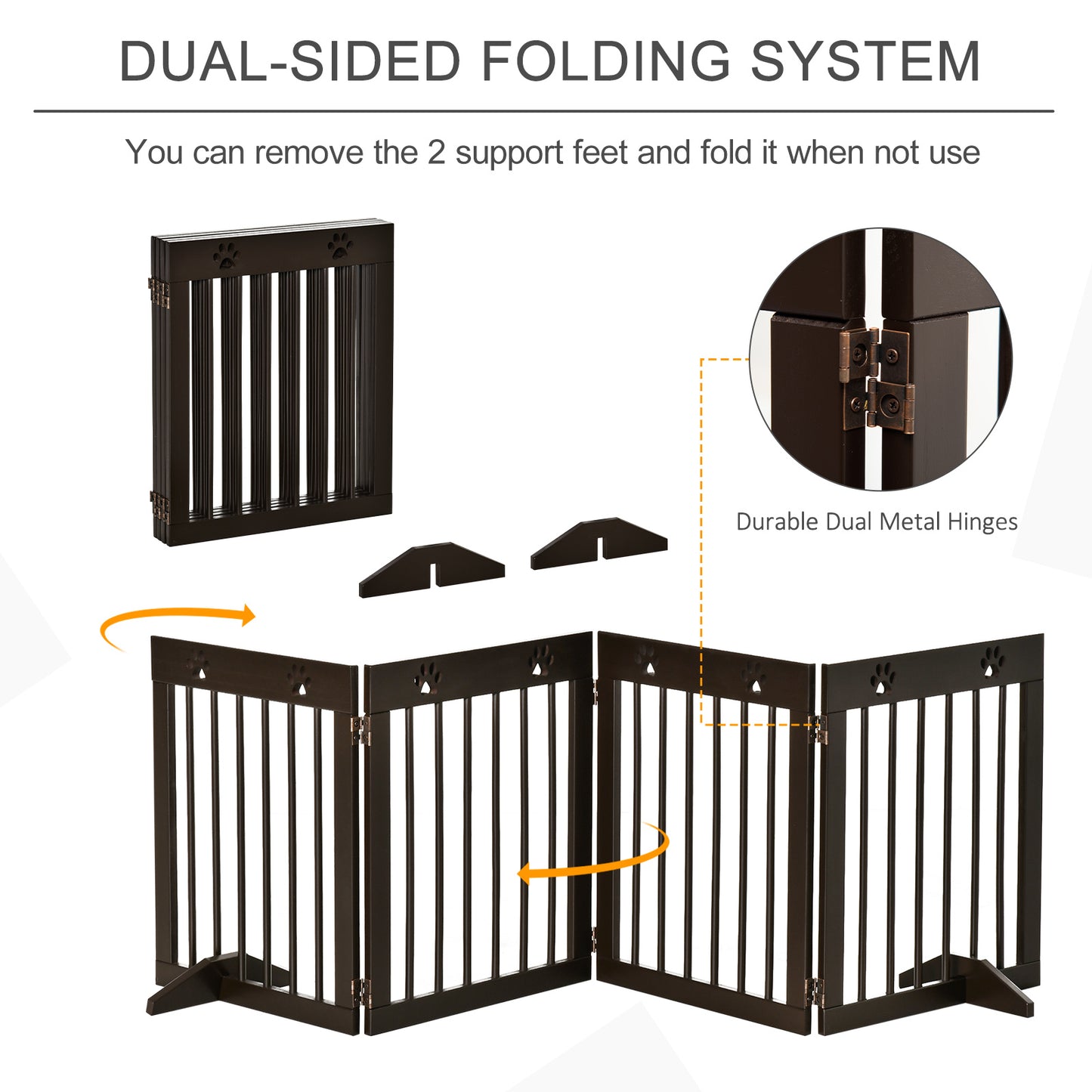 Freestanding Pet Gate 4 Panel Wooden Dog Barrier Folding Safety Fence with Support Feet up to 204cm Long 61cm Tall for Doorwa