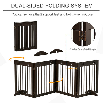 Freestanding Pet Gate 4 Panel Wooden Dog Barrier Folding Safety Fence with Support Feet up to 204cm Long 61cm Tall for Doorwa