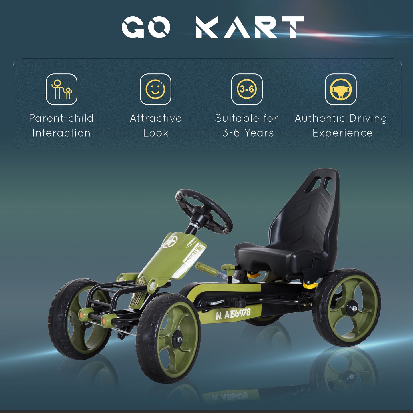 Pedal Go Kart, Kids Ride On Racer with EVA Tyres, Manual Clutch, Braking, Adjustable Seat for Age 3-6 Years, Green