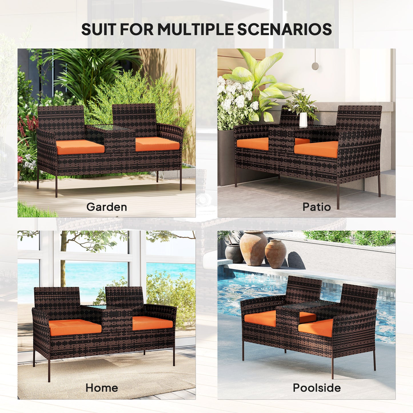 Two-Seat Rattan Chair, with Middle Table - Orange