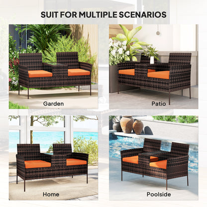 Two-Seat Rattan Chair, with Middle Table - Orange