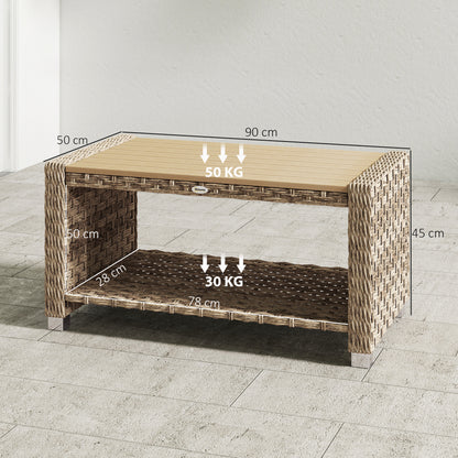 Outdoor Coffee Table with Storage Shelf, PE Rattan Side Table with Slatted Top and Foot Pads, Light Brown