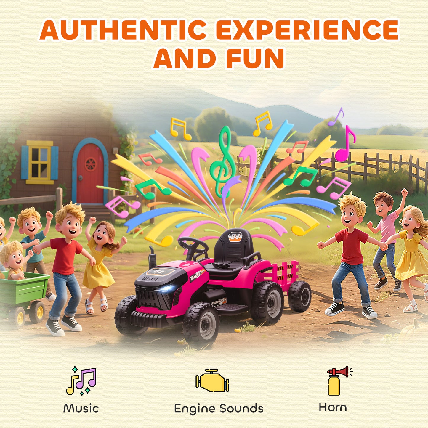 12V Ride on Tractor and Trailer with Remote Control, Music, Shifter, Start-Up Sound, for Kids Ages 3-8 Years, Pink