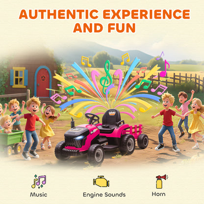 12V Ride on Tractor and Trailer with Remote Control, Music, Shifter, Start-Up Sound, for Kids Ages 3-8 Years, Pink