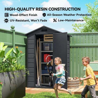 4 x 3 ft Plastic Garden Shed with Floor, Outdoor Storage Shed with Lockable Door, Window and Vent, Dark Grey