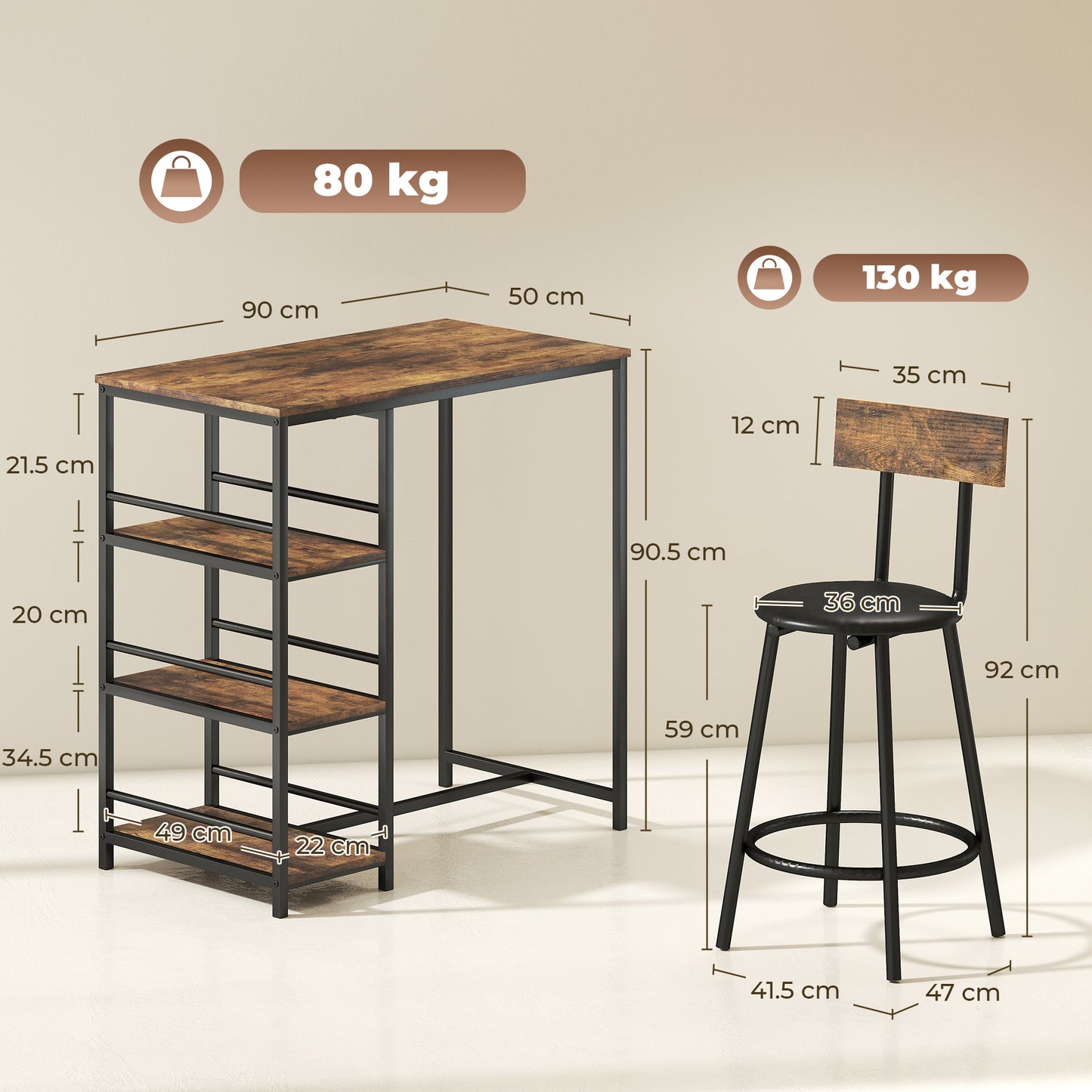 Space Saving Bar Table and PU Leather Stools for 2, 3 Piece Breakfast Bar Table Set with Storage Shelves, Rustic Brown