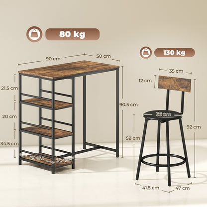 Space Saving Bar Table and PU Leather Stools for 2, 3 Piece Breakfast Bar Table Set with Storage Shelves, Rustic Brown