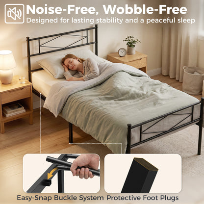 3ft Single Bed Frame with Headboard and Footboard, Metal Platform Bed Frame with 32 cm Underbed Storage, Black