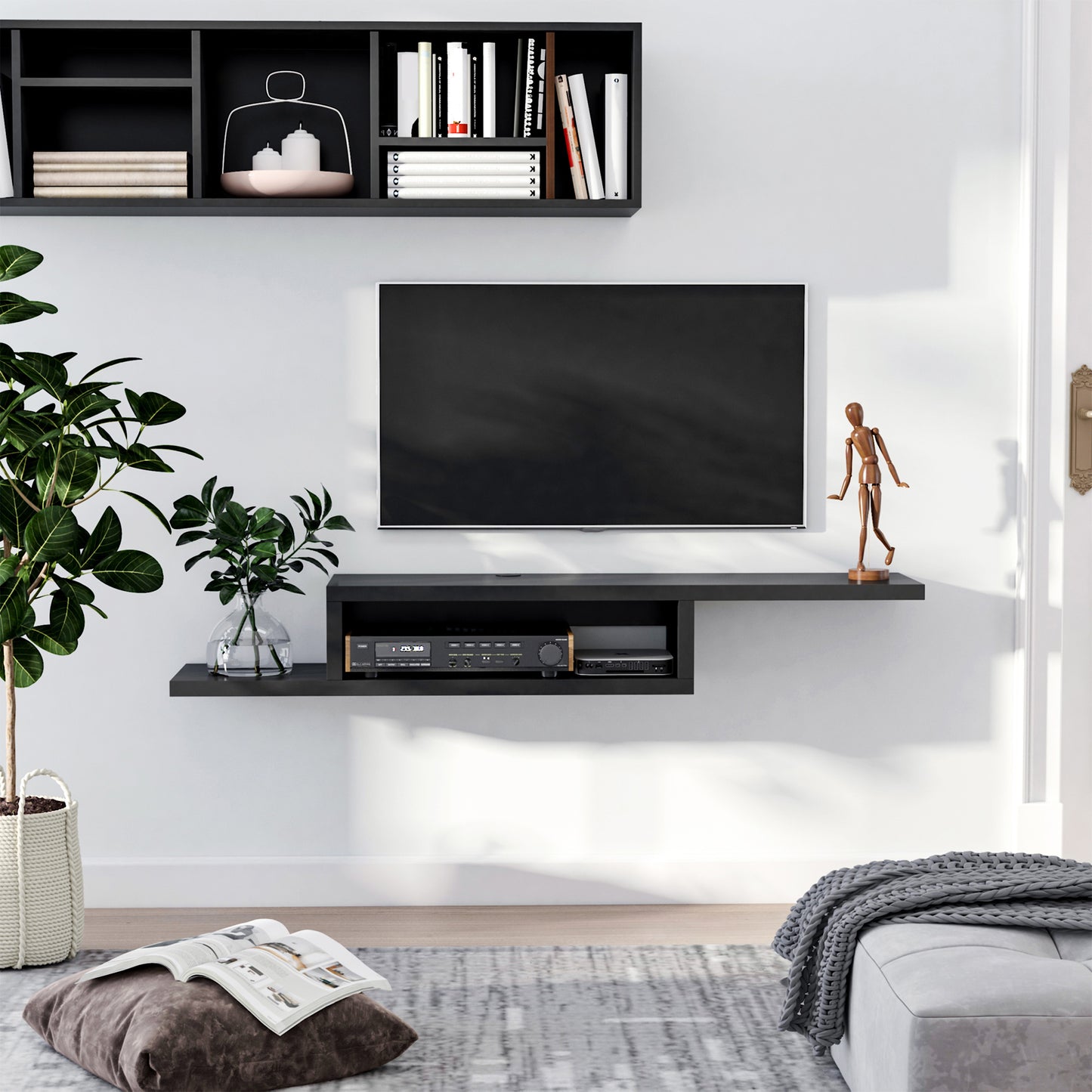 Floating TV Unit, Wall Mounted TV Stand with Open Shelf and 2 Cable Holes, Entertainment Unit for Living Room, Black