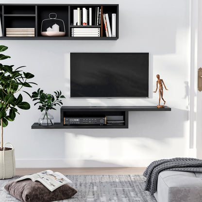 Floating TV Unit, Wall Mounted TV Stand with Open Shelf and 2 Cable Holes, Entertainment Unit for Living Room, Black